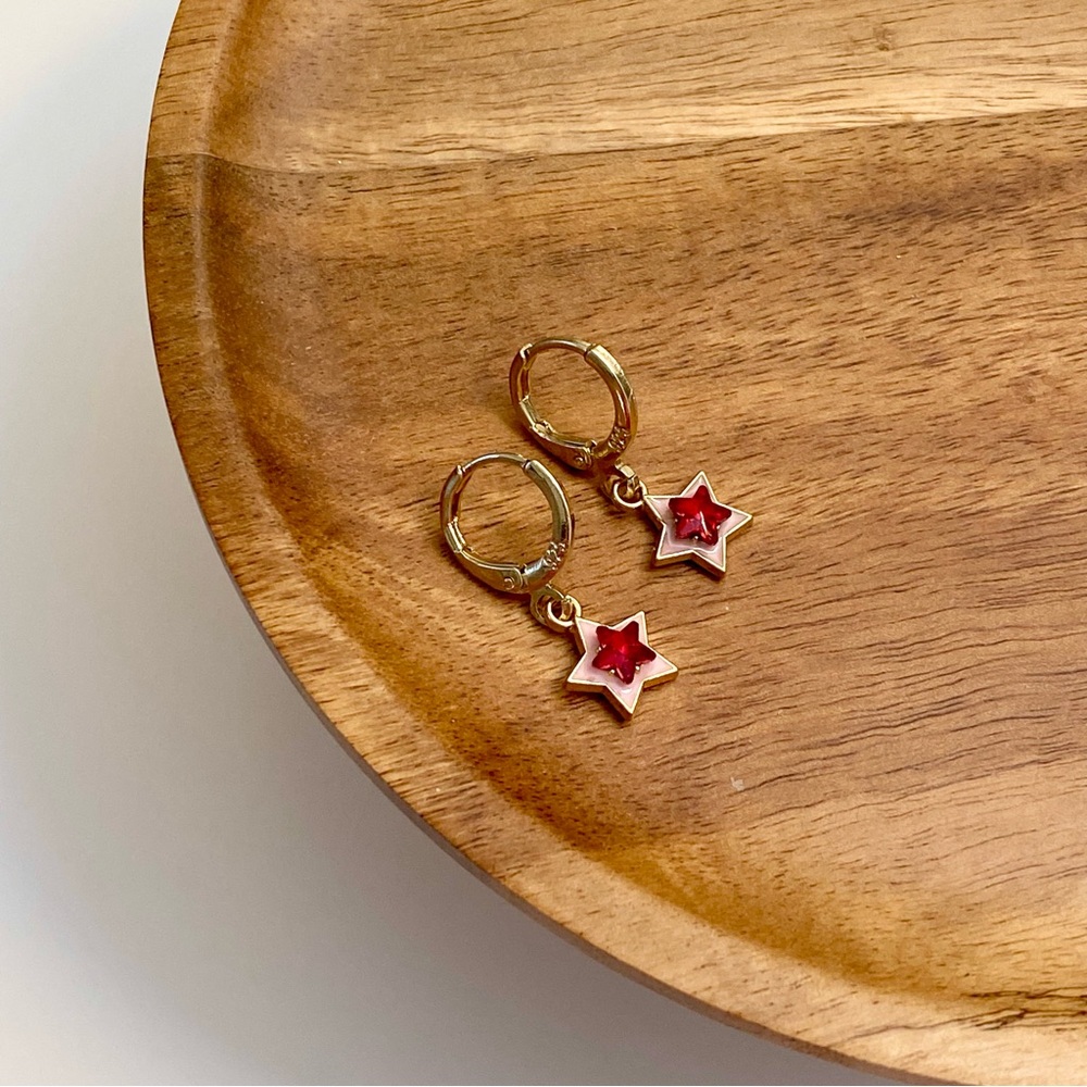 4/$15 Gold Huggies Pink Red Stars Drop Hoop Earrings